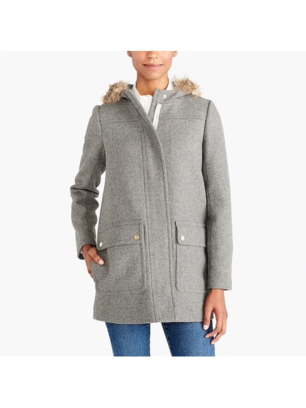 J. Crew Vail parka wool grey jacket coat faux fur hood size 14